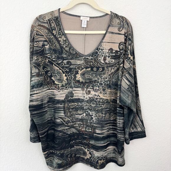 Chico's Womens Pullover Top Blouse Size XL Rhinestone Paisley Made In USA - Picture 1 of 7
